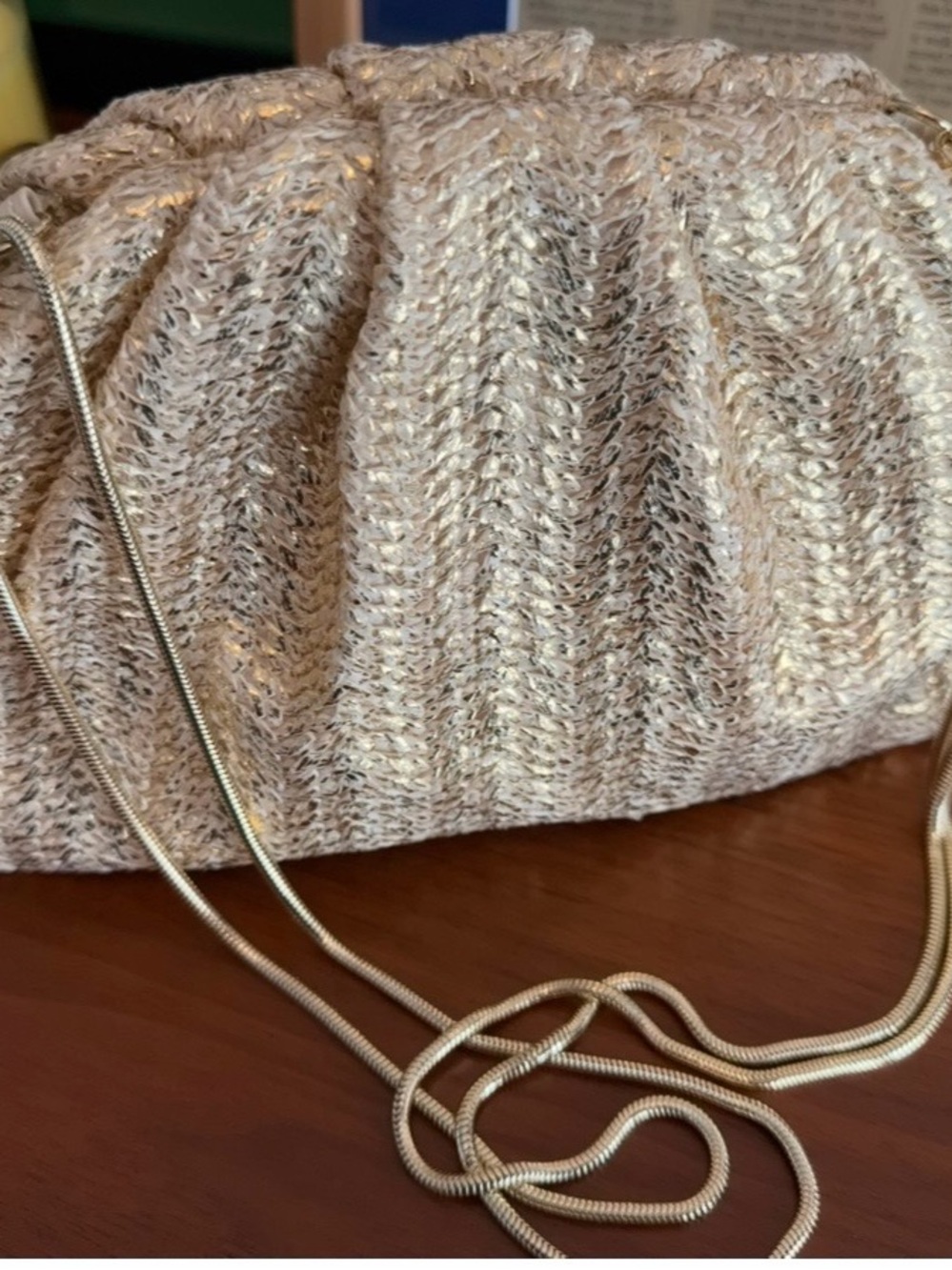 Gianni Bini Metallic Cream Knit Mini Bag with Gold Chain